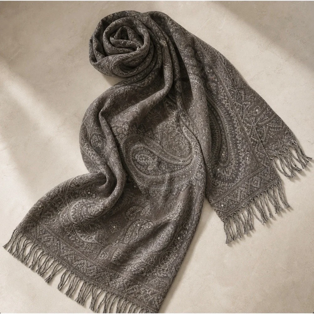 Gerard Darel Gabriella Paisley Wool Sequin Scarf Beige Taupe NWT